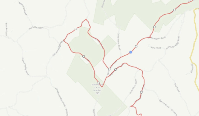 Claysville Gravel Route - Shave 4 miles or so. Rather than turn onto Hamilton Road at about mile 7.2, continue straight on Good Intent Road and make a left onto Dogwood Hill Road.