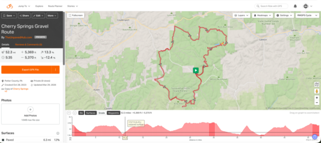 RWGPS screenshot of the Cherry Springs gravel route in Potter County, Pennsylvania
